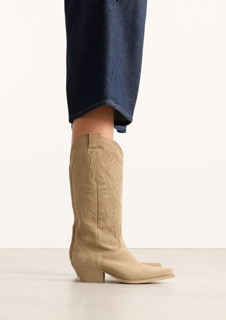 Sacha Beige Suède Cowboylaarzen Met Stiksels