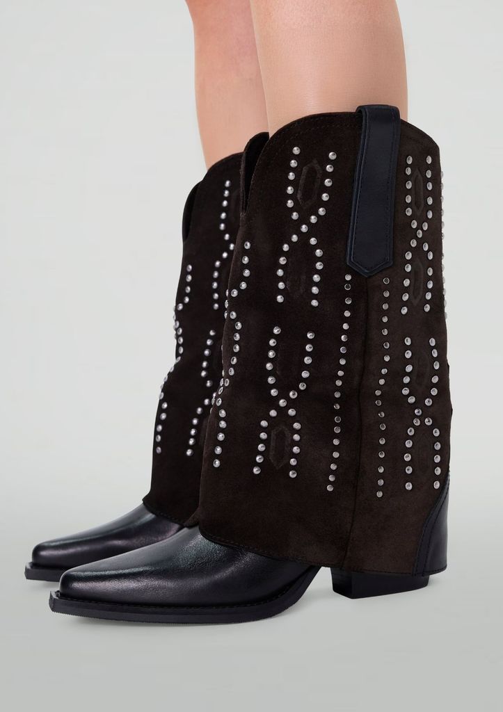Sacha Zwarte Suède Western Laarsjes Met Studs