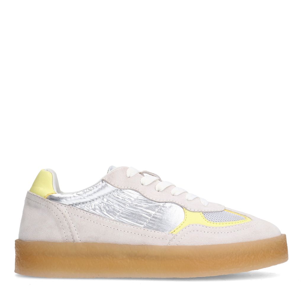 Sacha Zilveren Suède Sneakers Met Gele Details