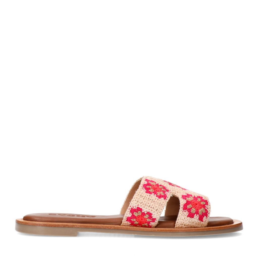 Sacha Beige Slippers Met Roze Bloemen Embroidery