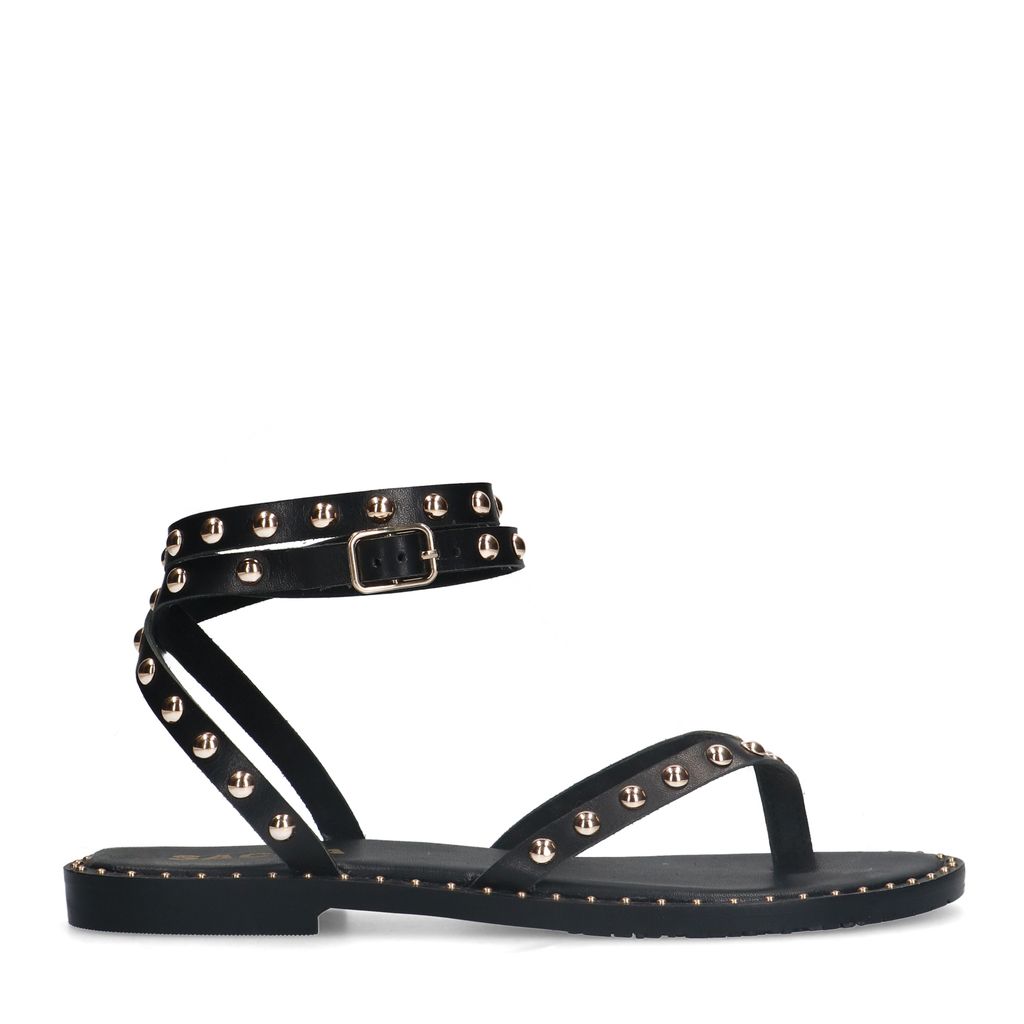 Sacha Zwarte Leren Platte Sandalen Met Goudkleurige Studs