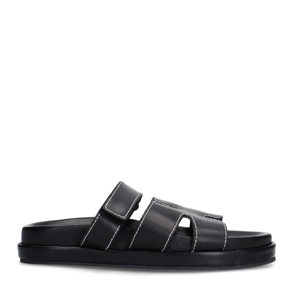 Sacha Zwarte Leren Slippers Met Klittenband