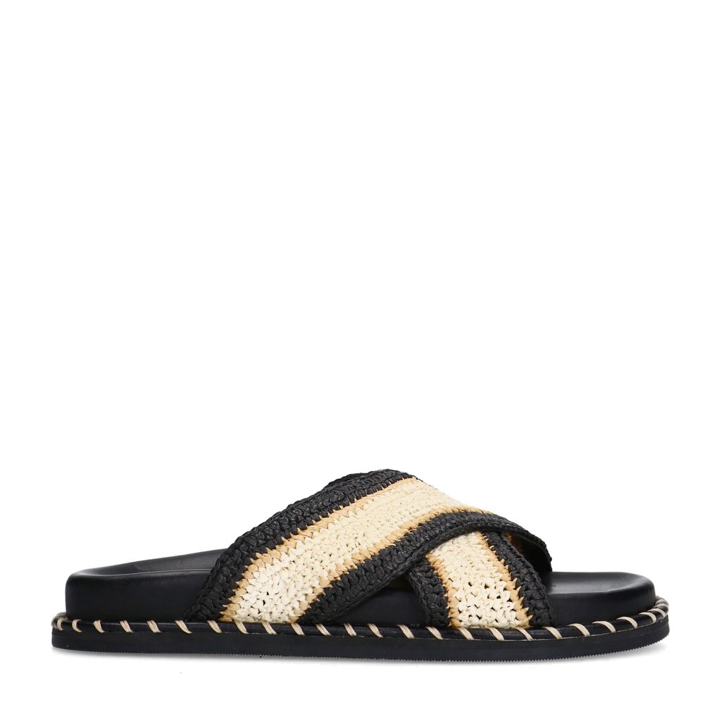 Sacha Zwarte Plateauslippers Met Beige Band
