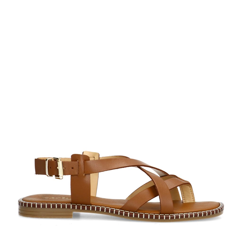 Sacha Cognac Leren Platte Sandalen