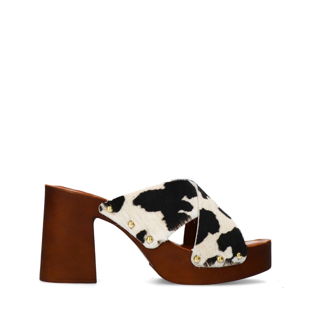 Sacha Cow Print Leren Muiltjes Met Plateau Hak