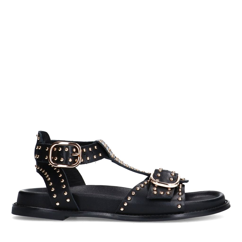 Sacha Zwarte Leren Sandalen Met Goudkleurige Buckles En Studs