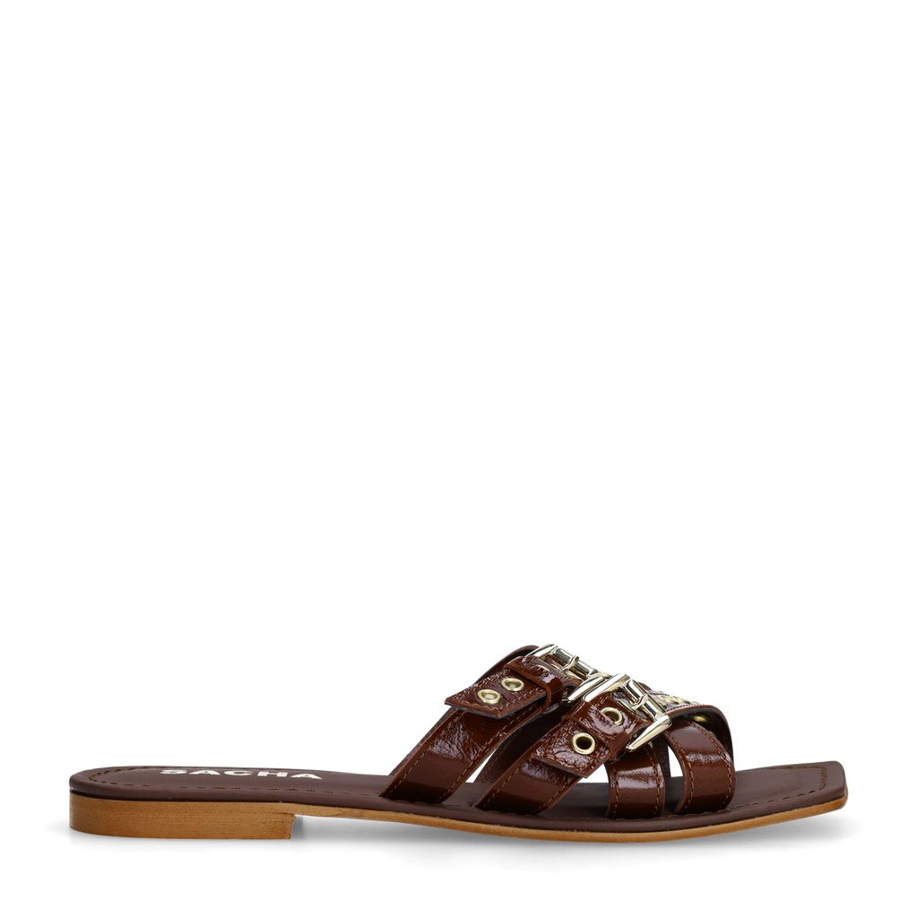 Sacha Bruine Leren Buckle Slippers thumbnail