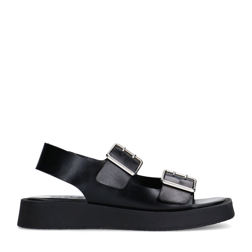 Sacha Zwarte Leren Plateau Sandalen Met Zilverkleurige Buckles