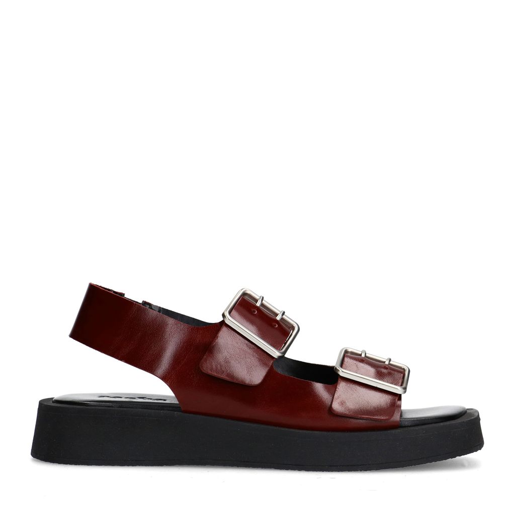 Sacha Bruine Leren Plateau Sandalen Met Zilverkleurige Buckles