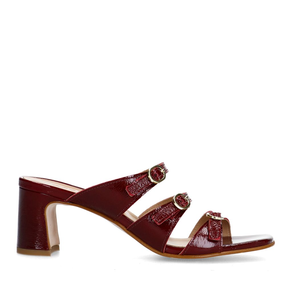 Sacha Rode Leren Sandalen Met Hak En Gespen