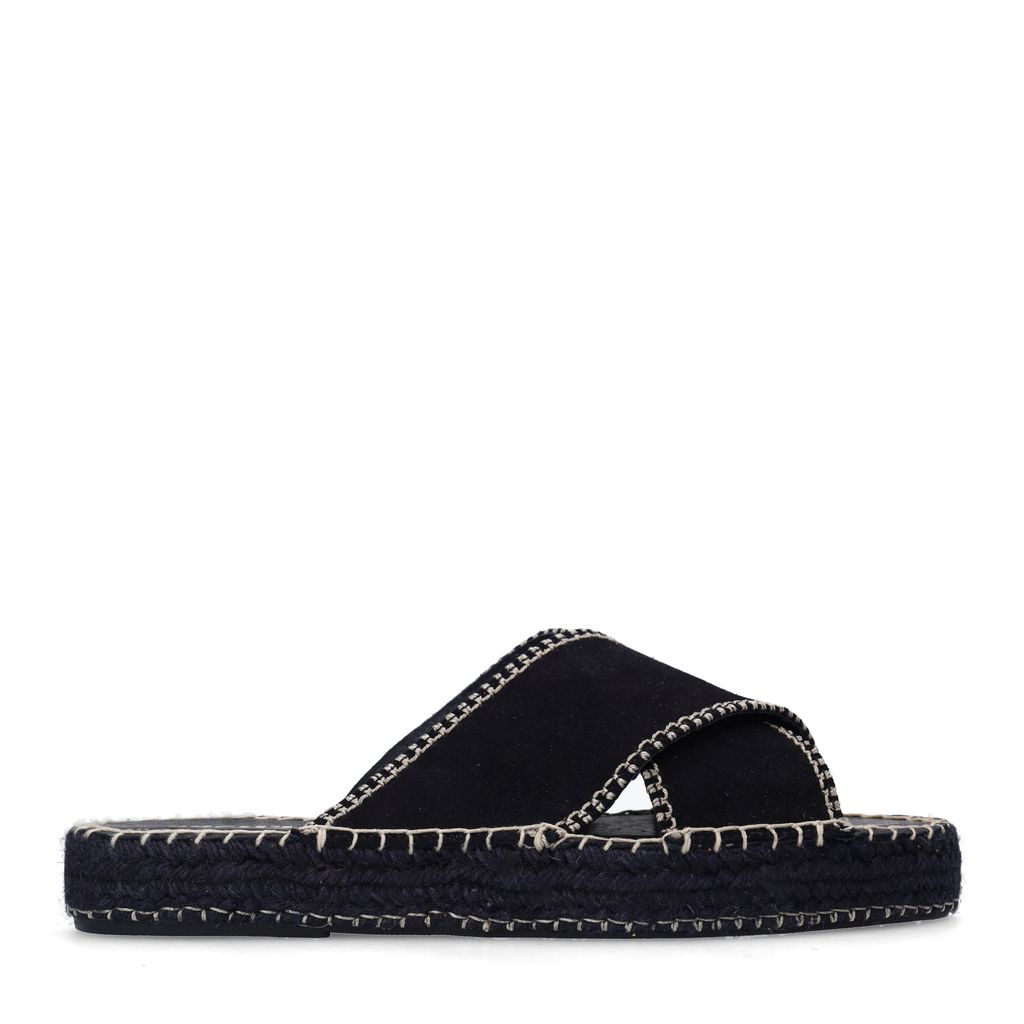Sacha Zwarte Suède Slippers Met Witte Stiksels