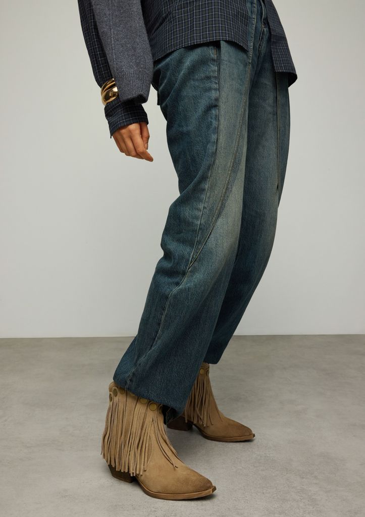 Sacha Beige Suède Western Enkellaarsjes Met Franjes