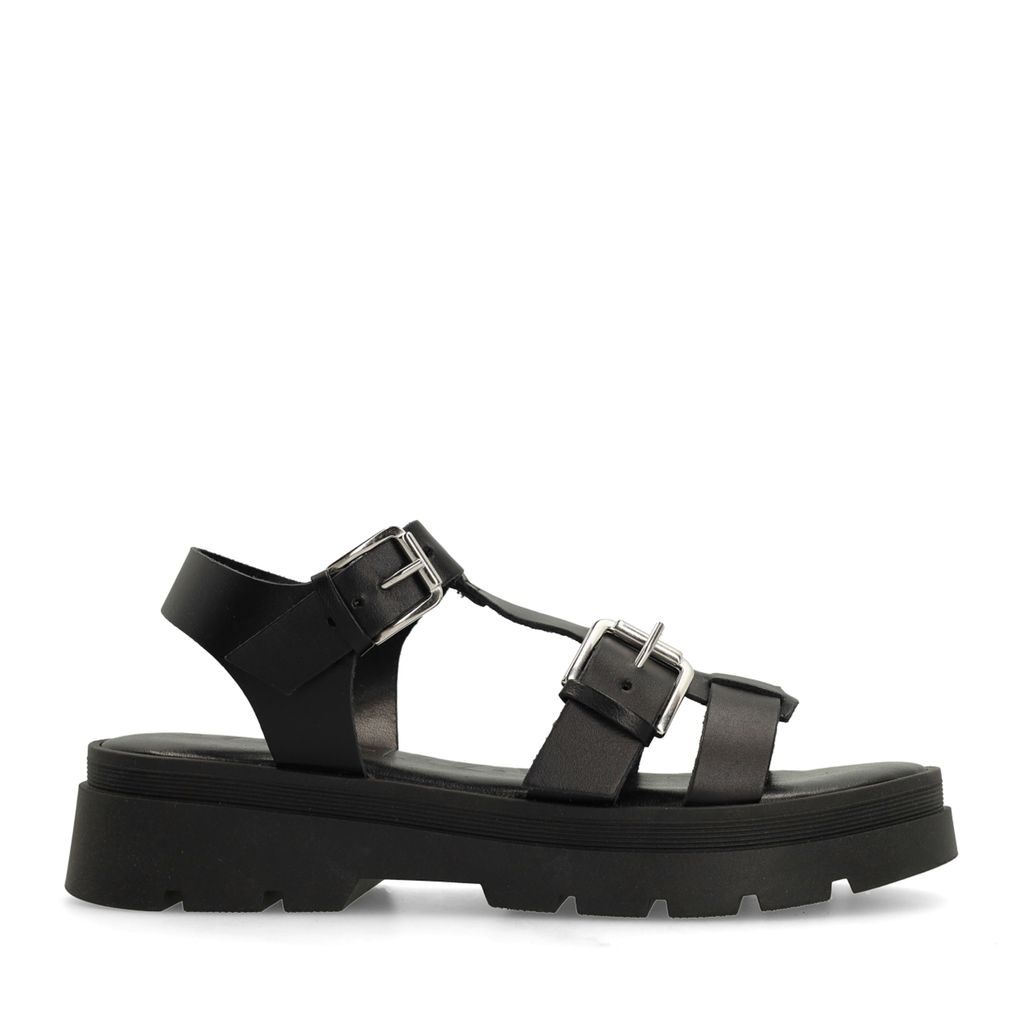 Sacha Zwarte Plateau Sandalen Met Zilverkleurige Buckles