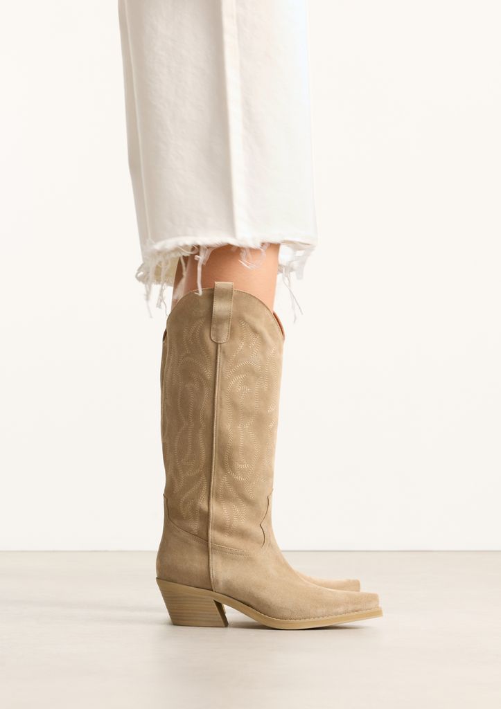 Sacha Beige Suède Cowboylaarzen Met Stiksels