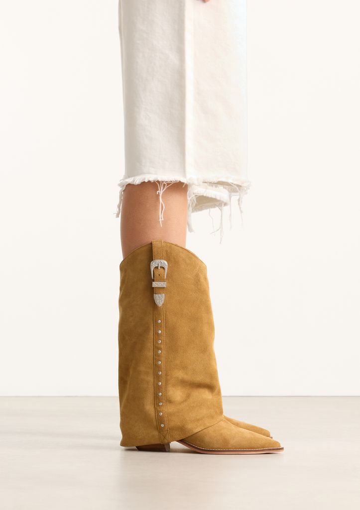 Sacha Beige Suède Cowboylaarzen Met Flap