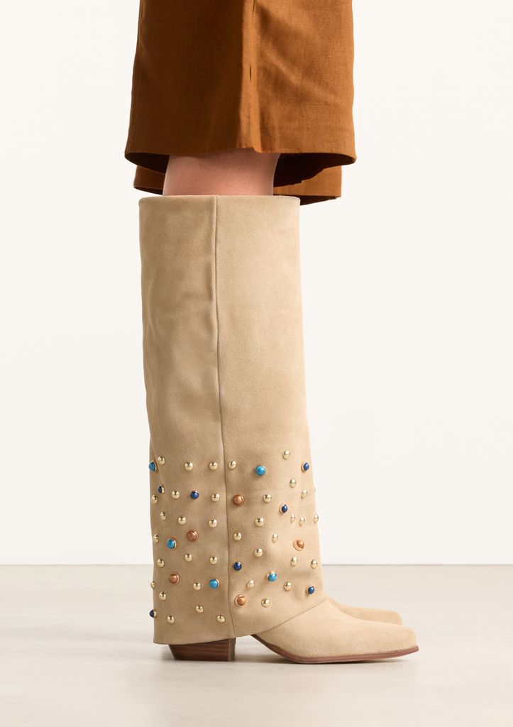 Sacha Beige Suède Laarzen Met Flap En Studs