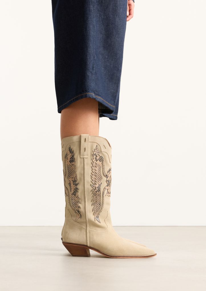 Sacha Beige Suède Cowboylaarzen Met Sierstiksels