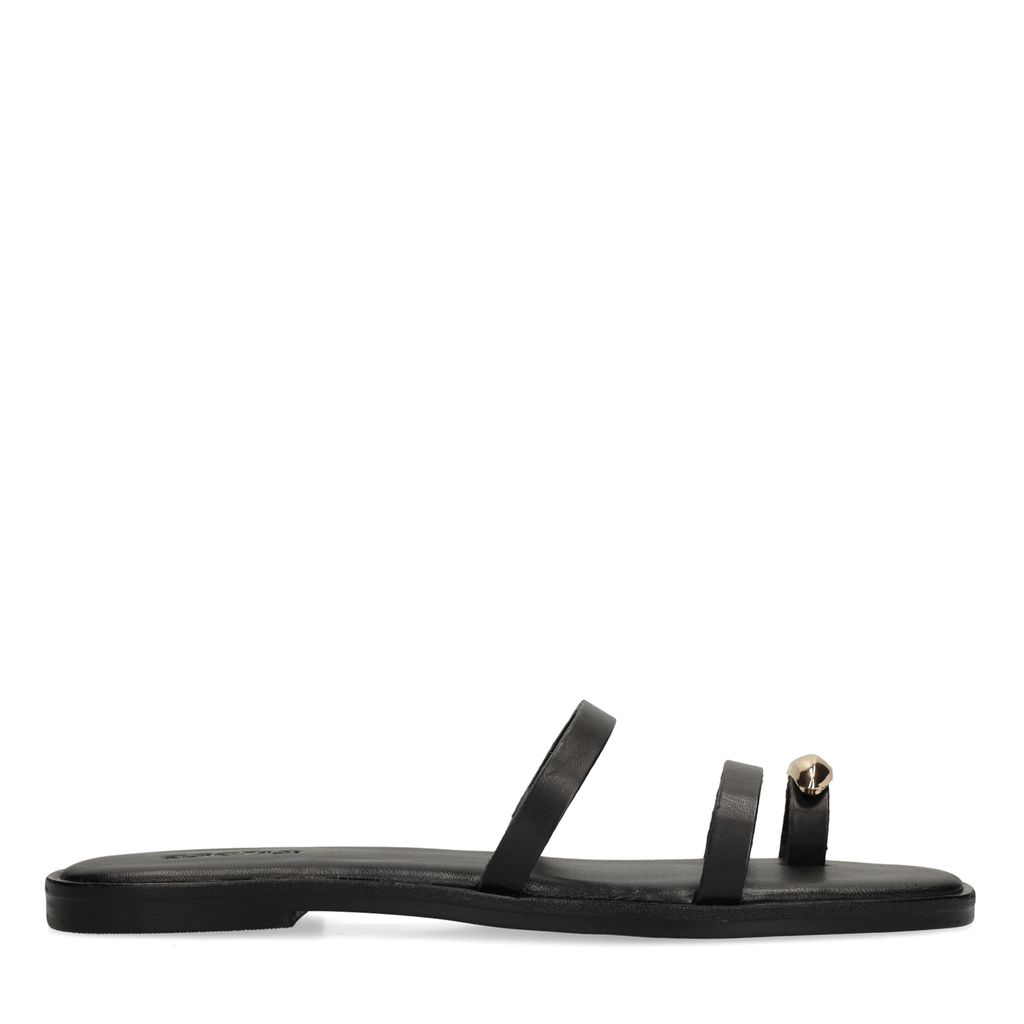 Sacha Zwarte Leren Slippers Met Goudkleurig Detail