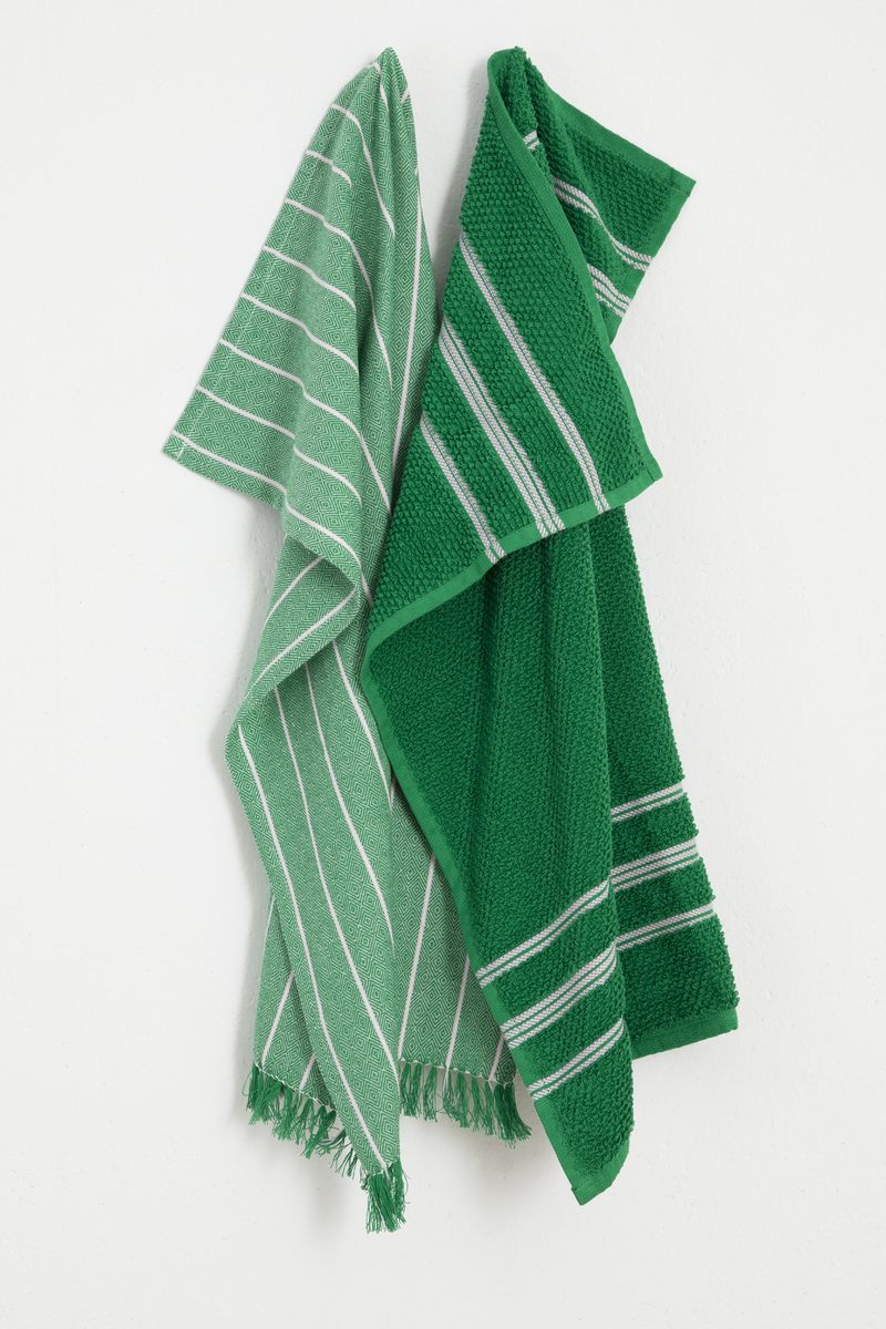 Groene gestreepte handdoek en theedoek terry