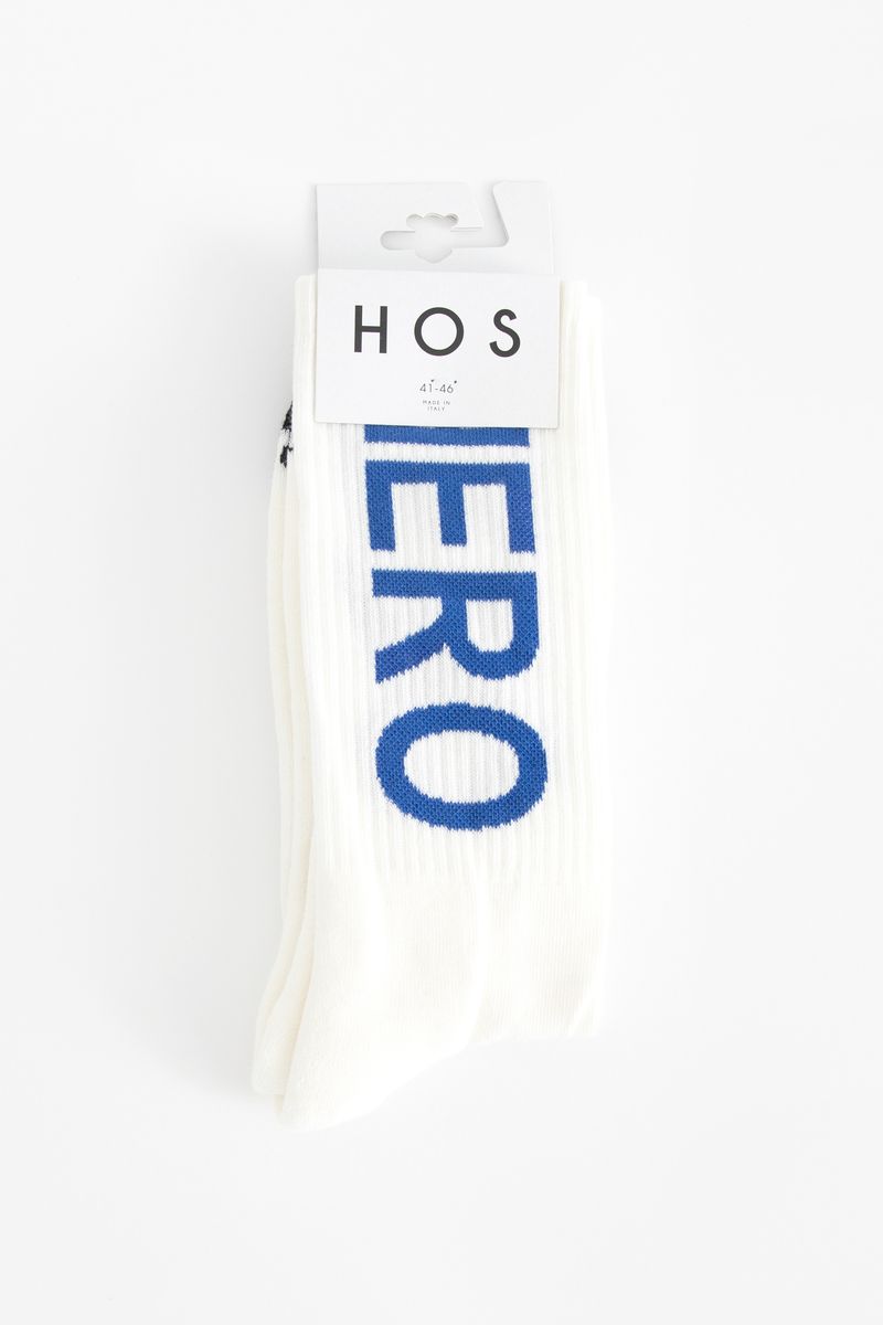 Heroes on Socks witte sokken met blauwe print