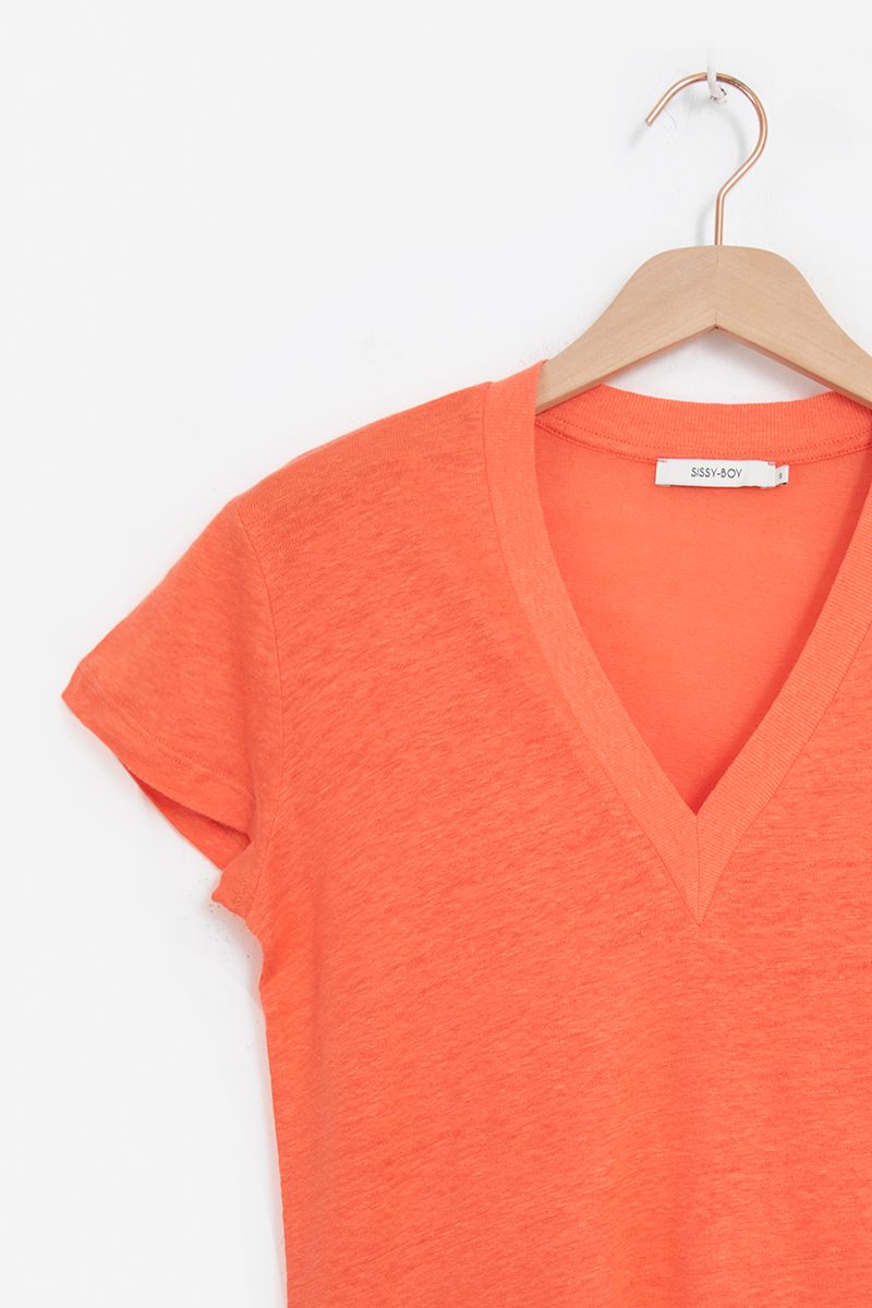 Oranje linnen V-hals T-shirt