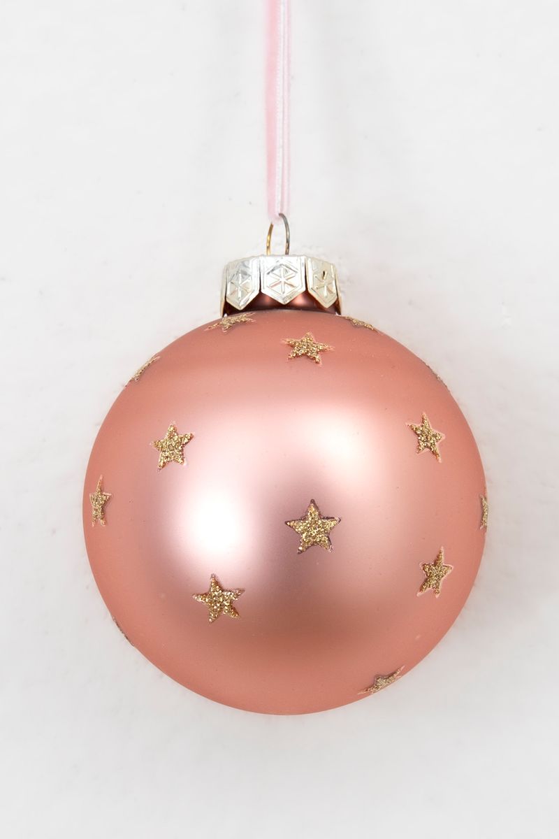 Kerstbal roze met sterretjes