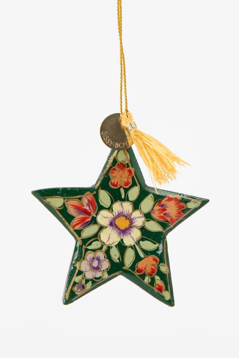 Kerst ornament groene ster met bloemen papier maché