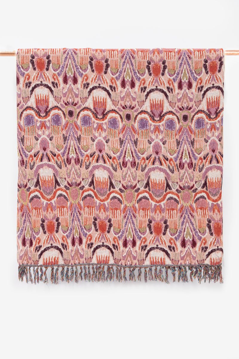 Multicolour jacquard deken met print en franjes