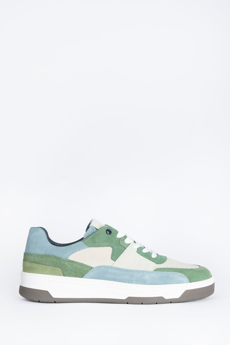 Groene Suède Sneakers Met Blauwe Details