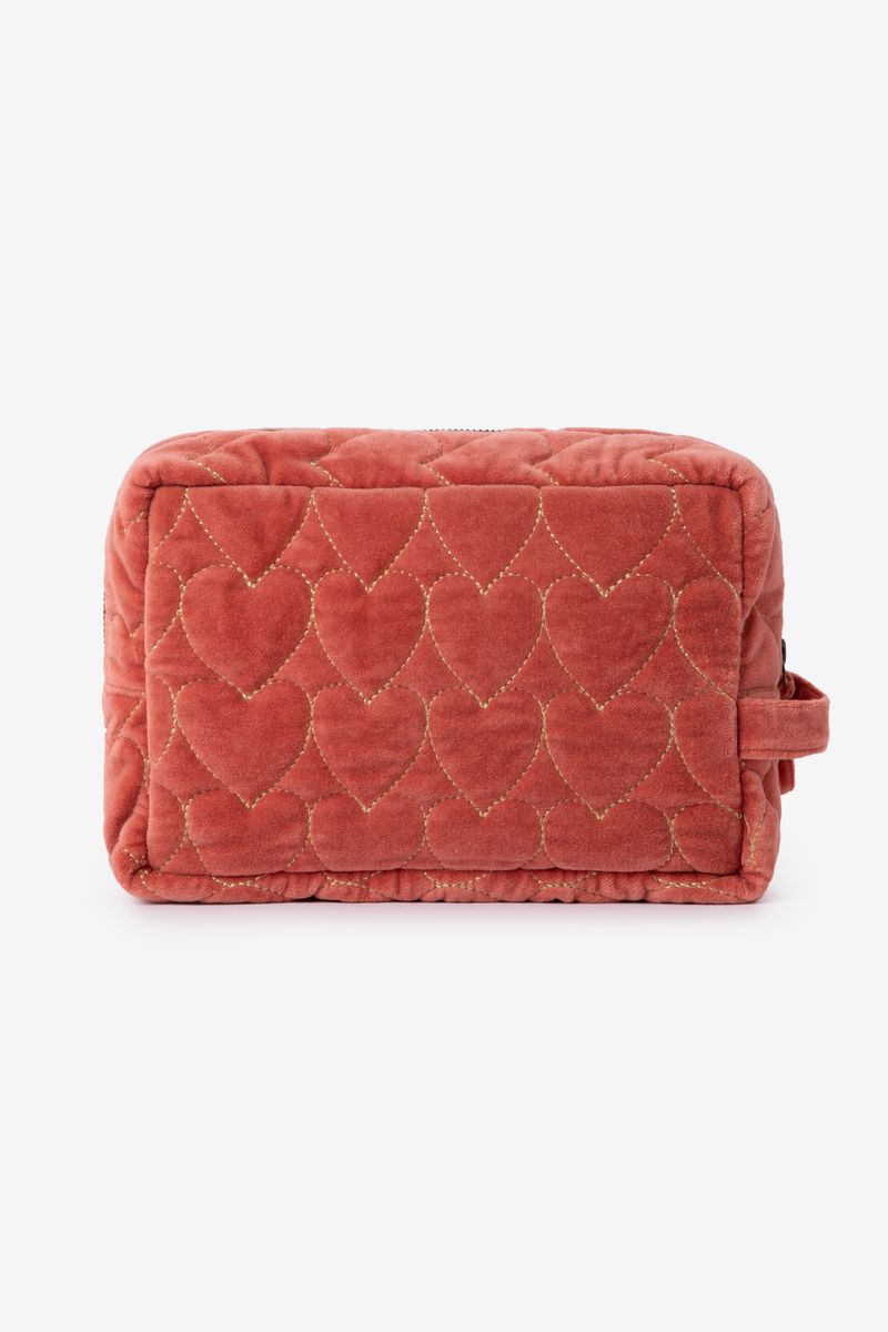 Donkerroze Velvet Quilted Make-up Tas Met Hartjes