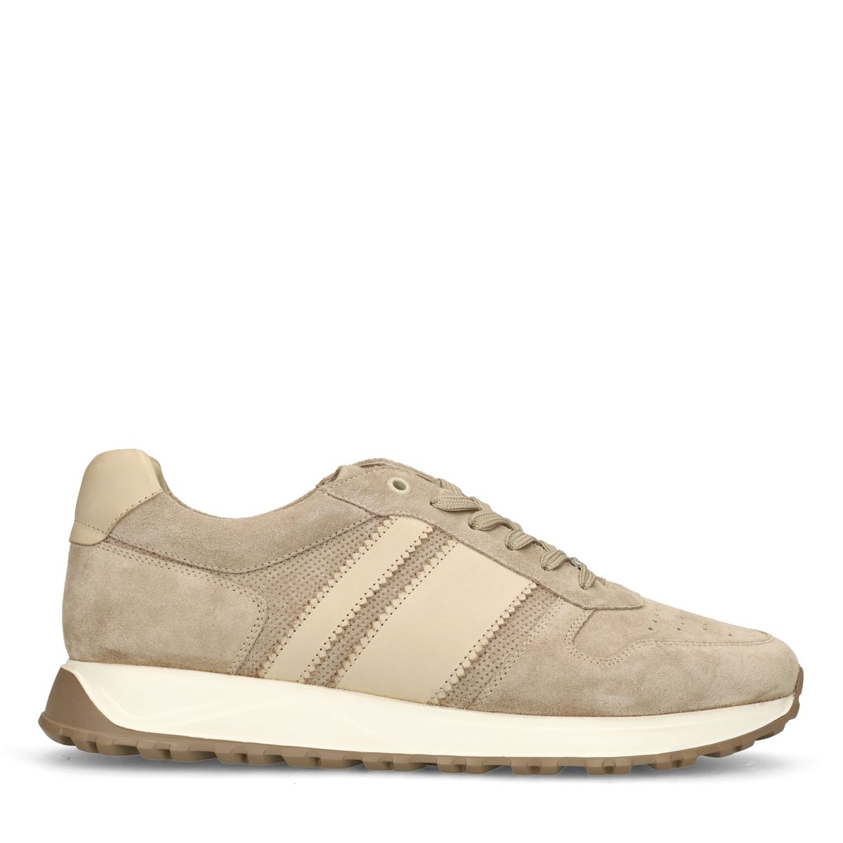 Beige suède sneakers met leren details