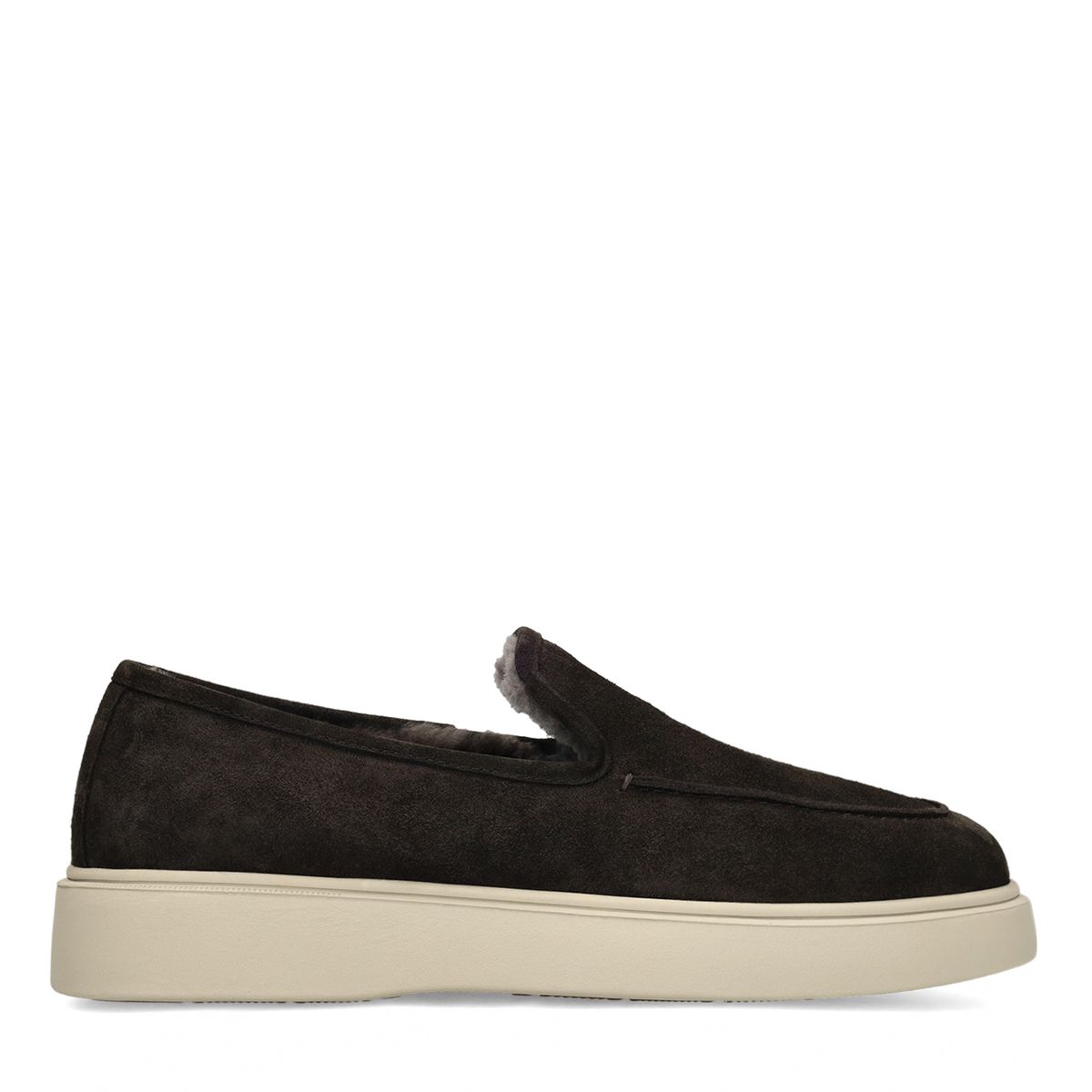 Donkergrijze suède loafers met schapenvacht