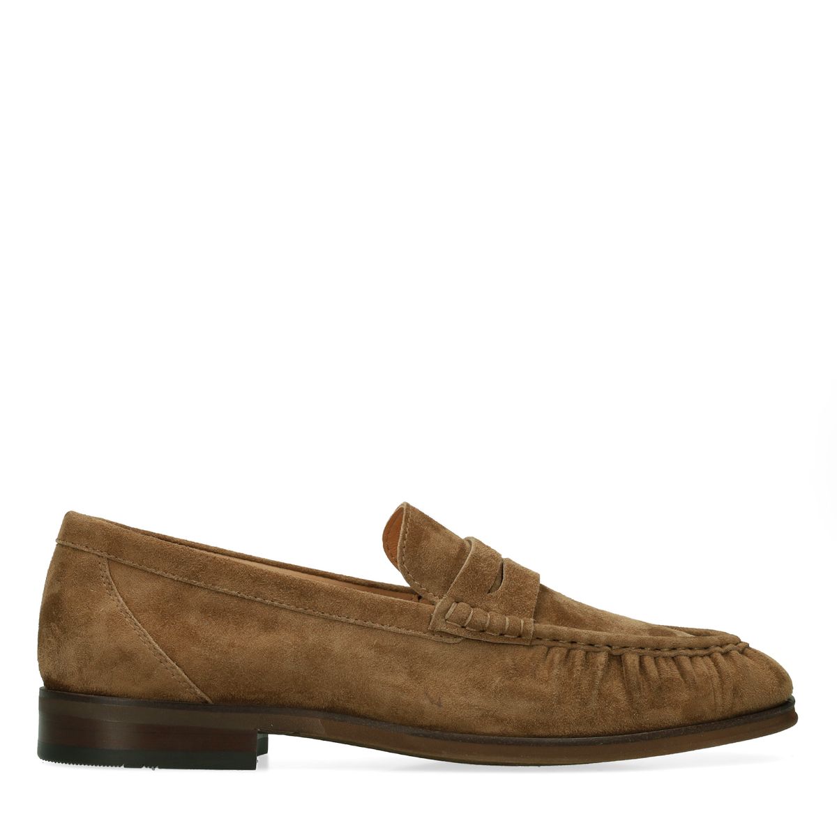 Taupe suède loafers met gestikte neus