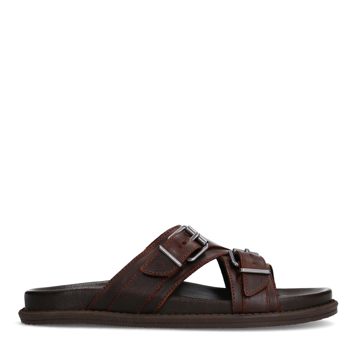 Manfield Bruine Leren Slippers Met Gespsluiting - Maat 43