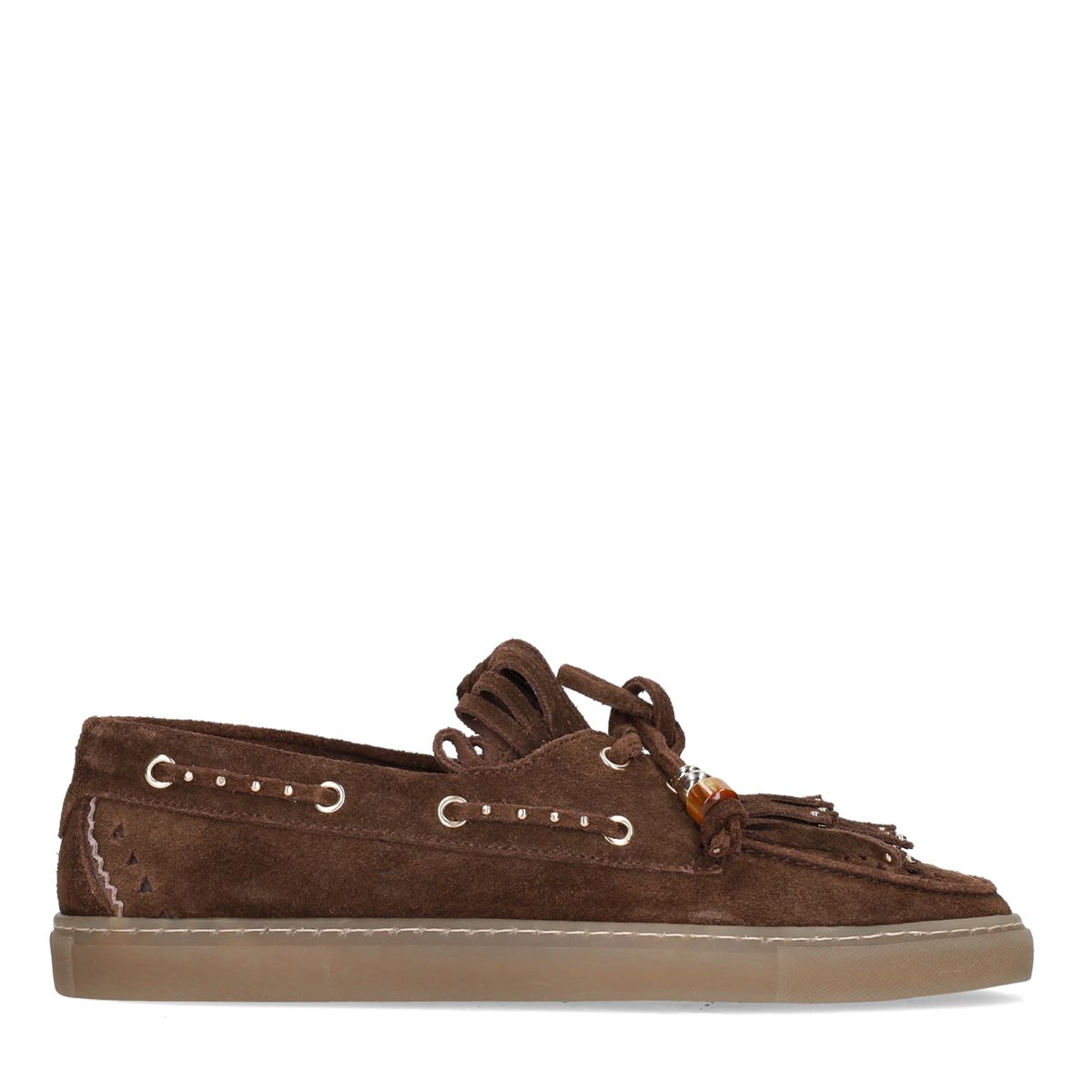 Manfield Bruine Suède Boatloafers Met Franjes Met Veters - Maat 40