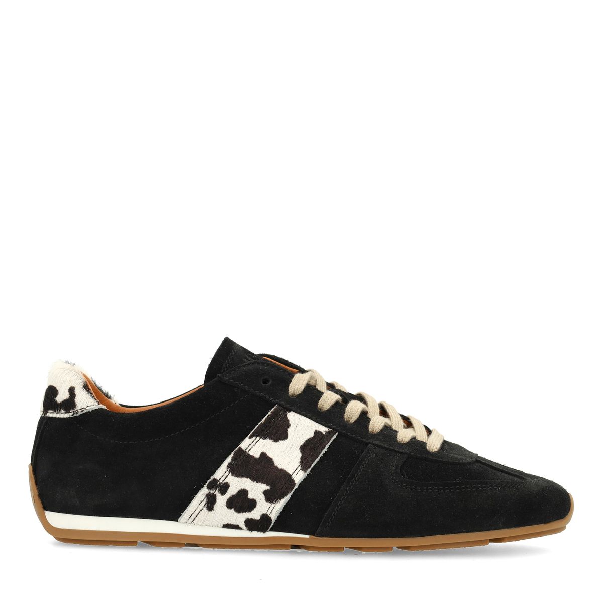 Zwarte suède sneakers met cow print detail
