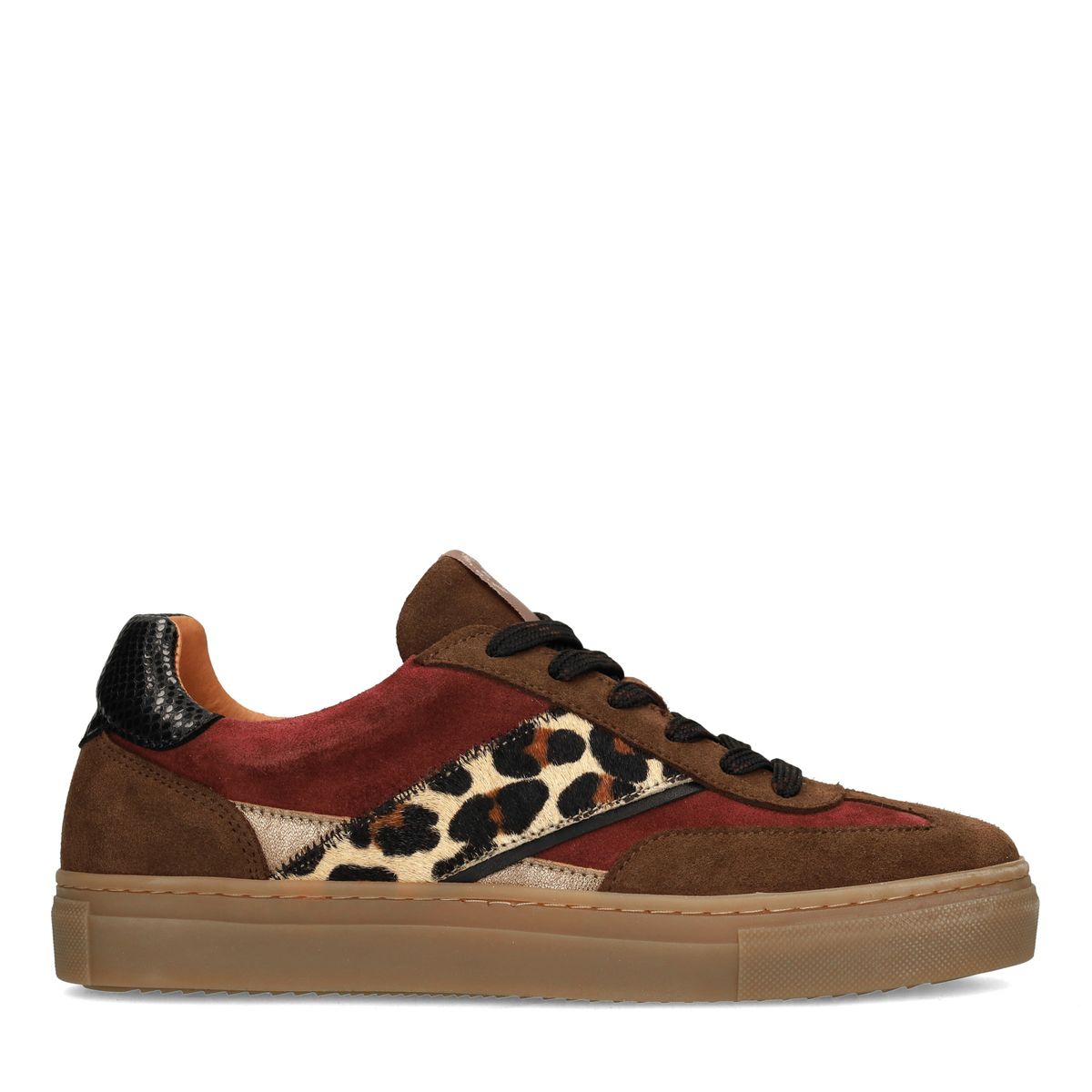 Bruine suède sneakers met leopard details