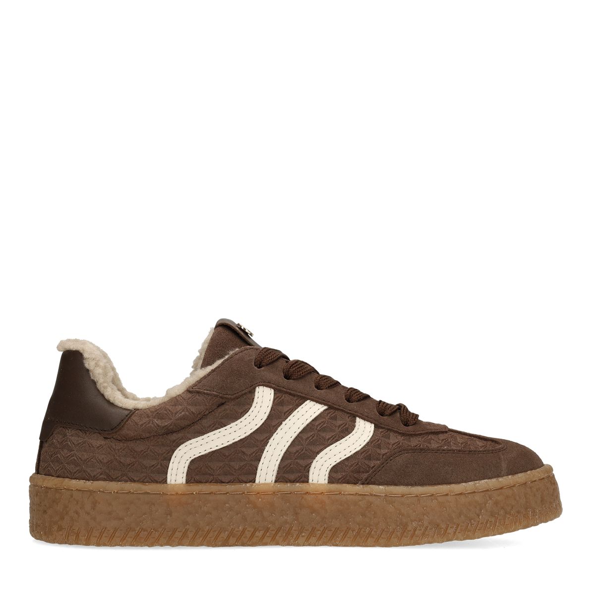 Taupe suède sneakers met bontvoering
