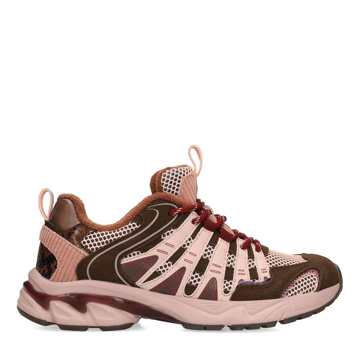 Bruine mesh sneakers met lichtroze details