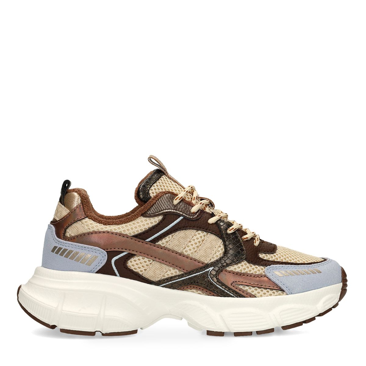 Beige mesh sneakers met bruine en blauwe details