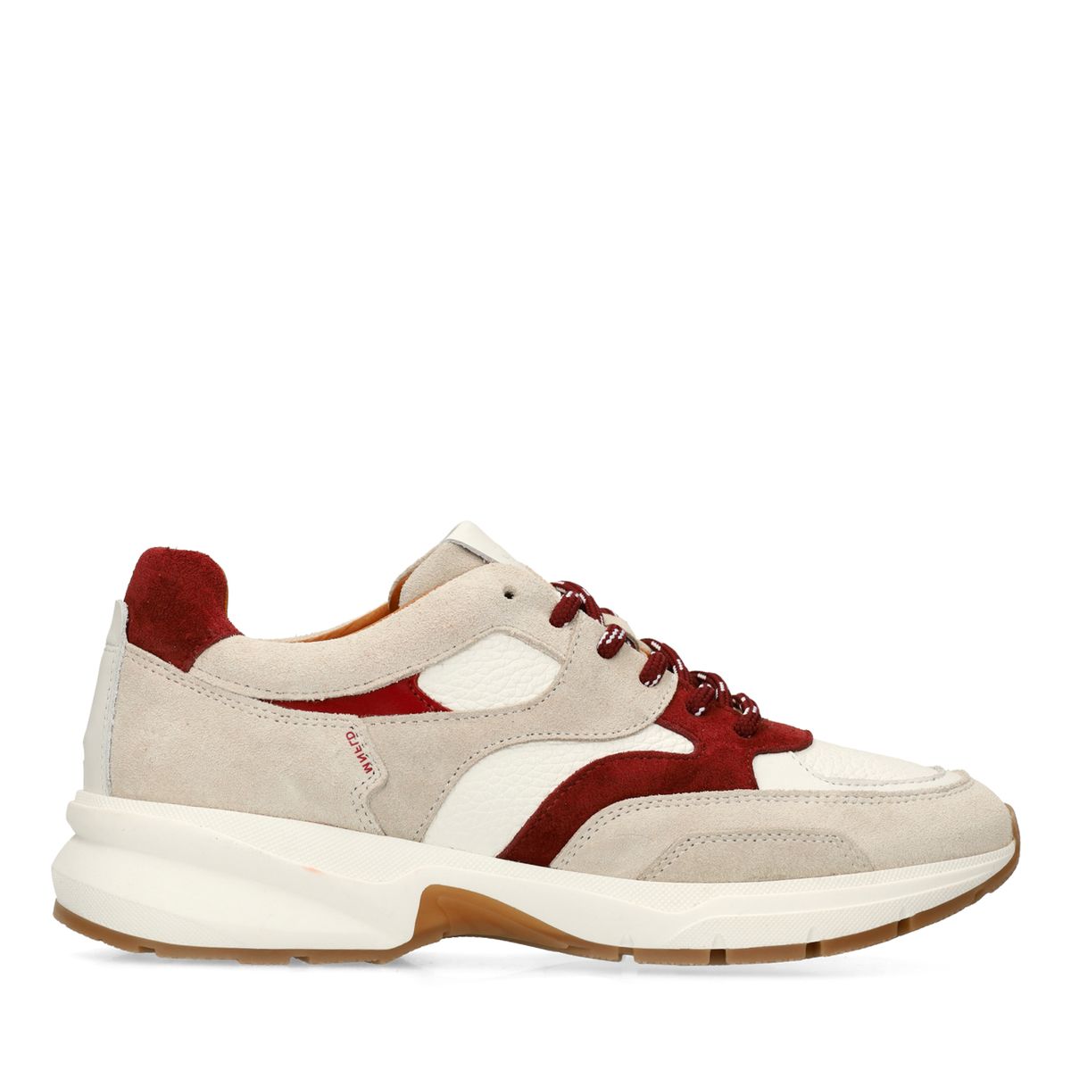 Manfield Off White Leren Sneakers Met Rode Suède Details Met Plateau Zool Van 4 Cm Met Veters - Maat 36