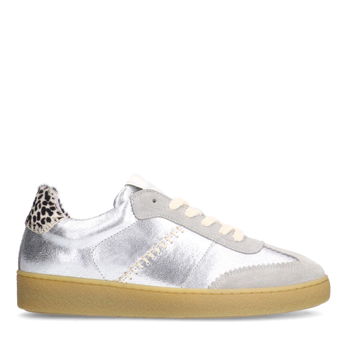 Zilveren leren sneakers met leopard details