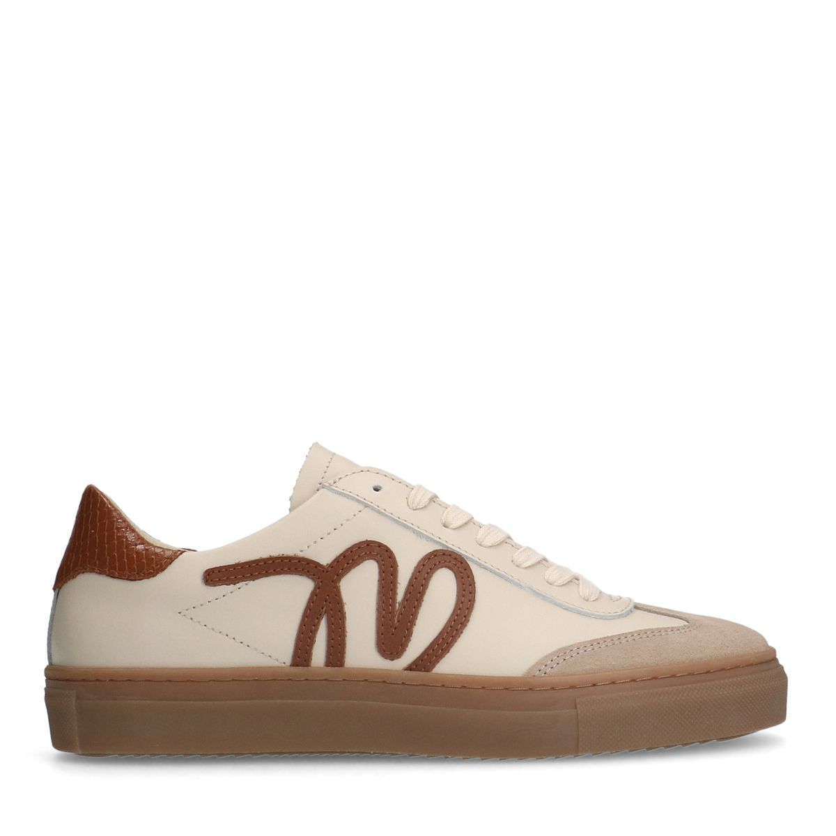 Manfield Beige Leren Sneakers Met Suède Details Met Veters - Maat 40