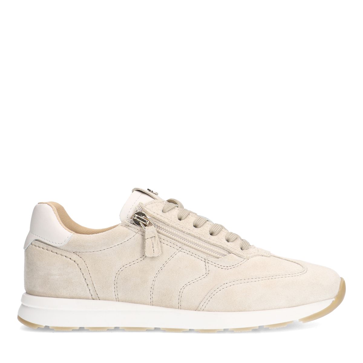 Beige suède sneakers met rits