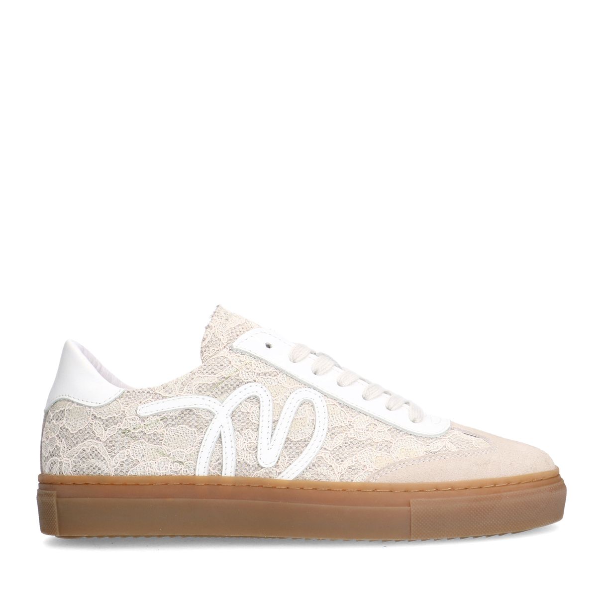 Beige leren sneakers met kanten details
