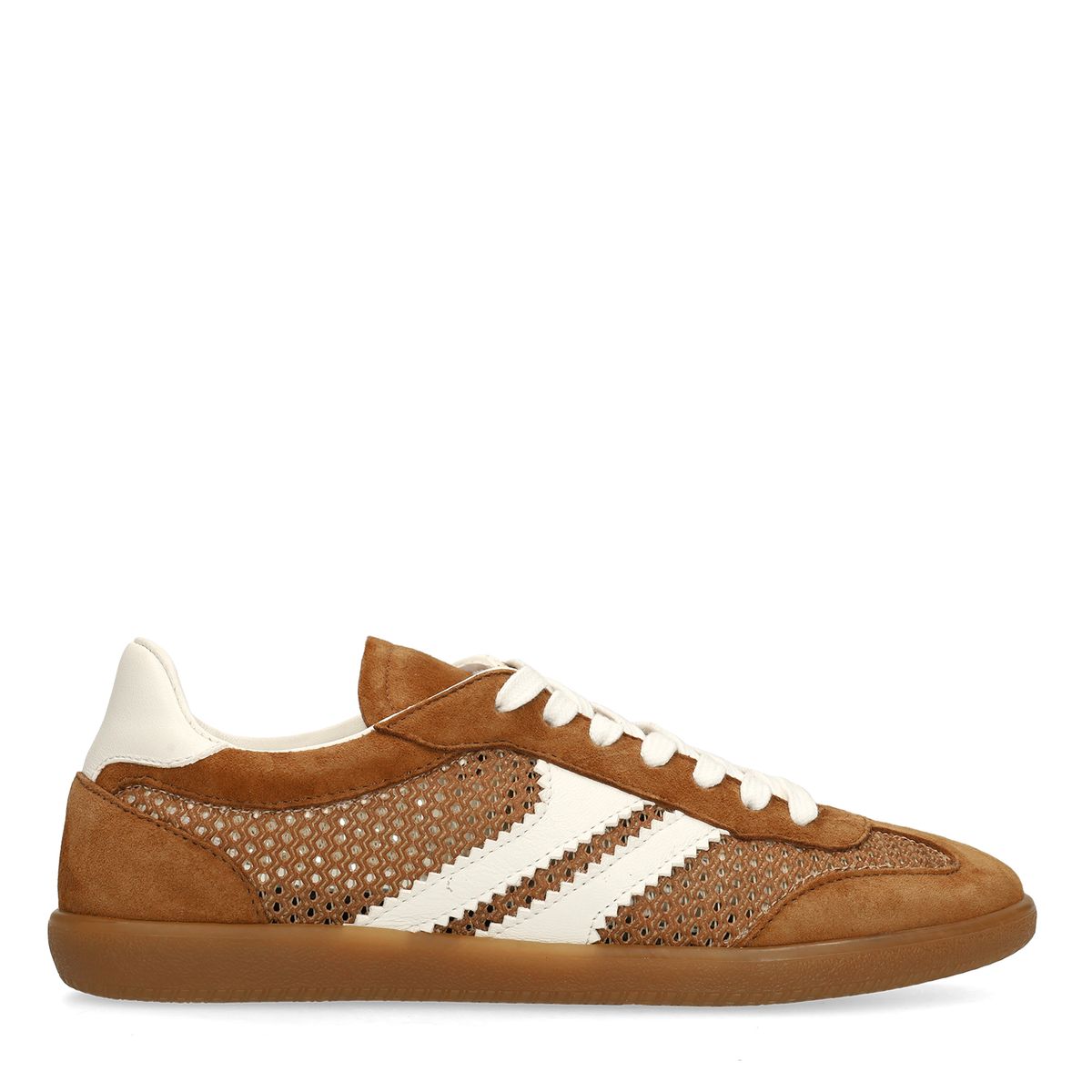 Cognac suède sneakers met mesh details