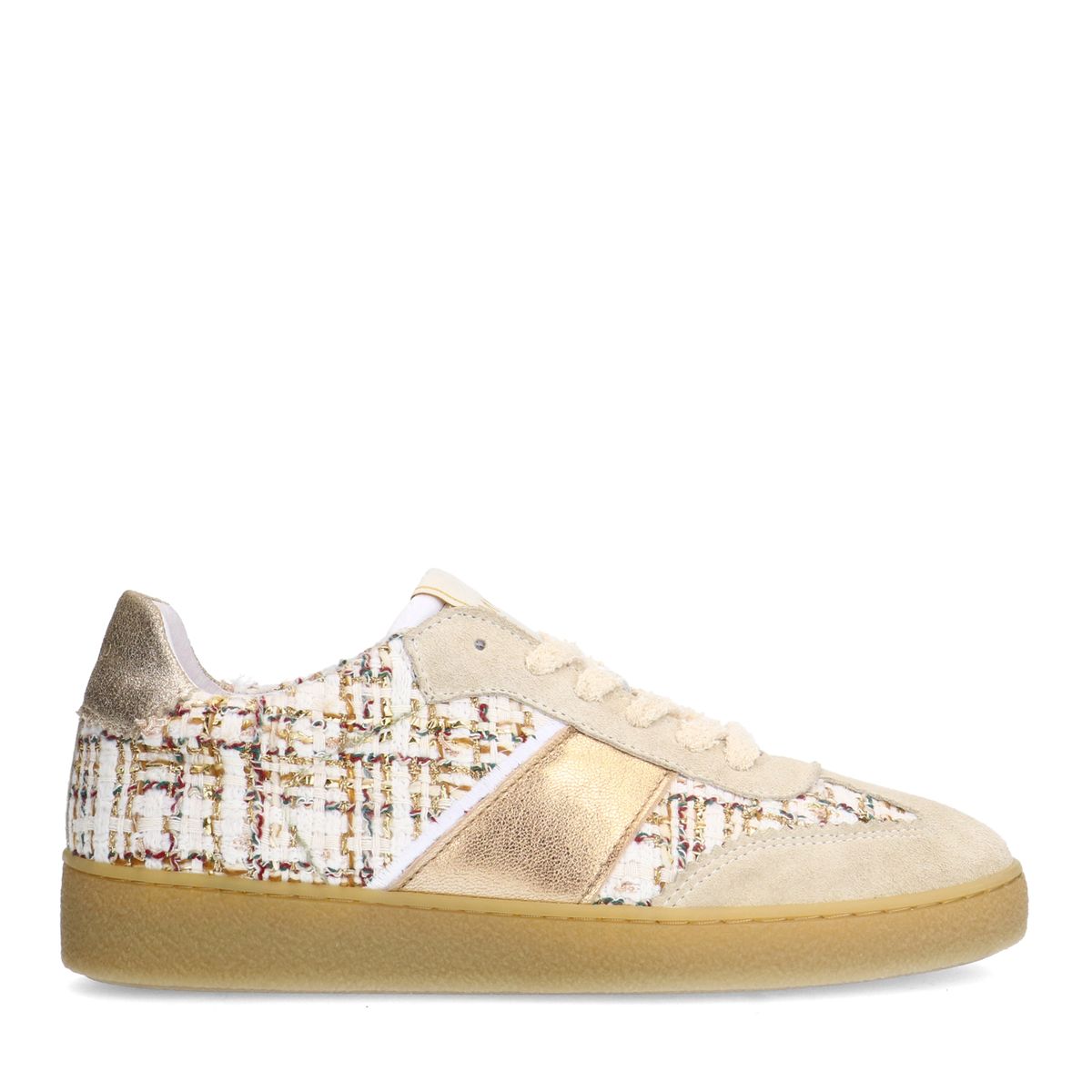 Beige bouclé sneakers met gouden details