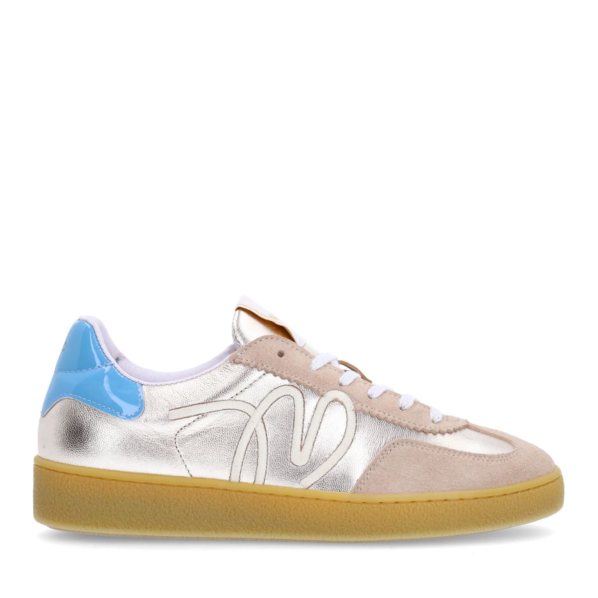 Beige leren sneakers met goudkleurige&blauwe details