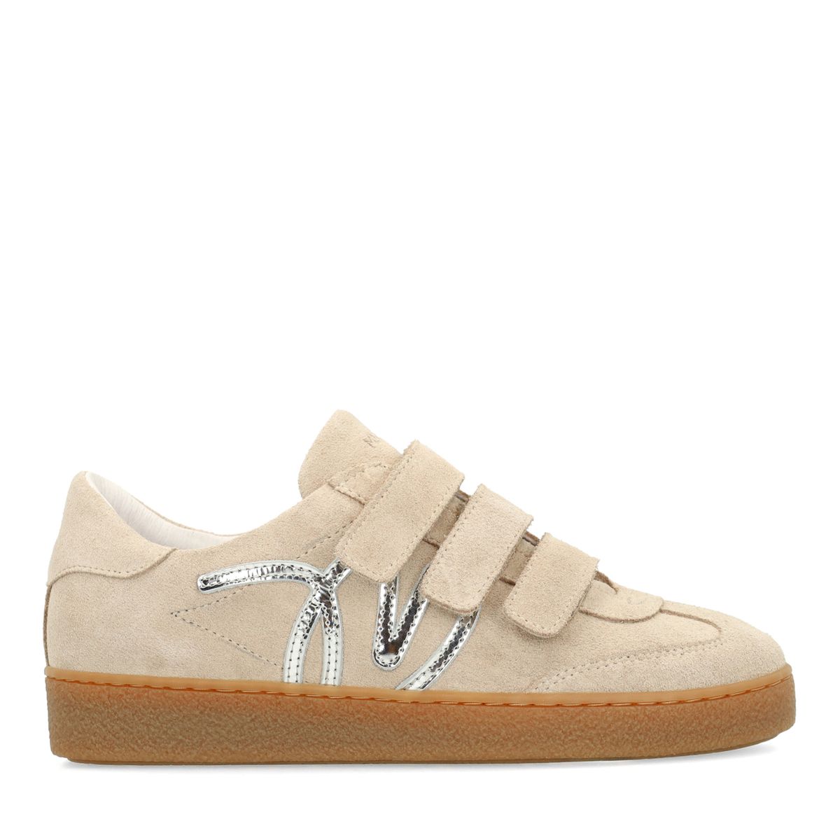 Beige suède sneakers met klittenband