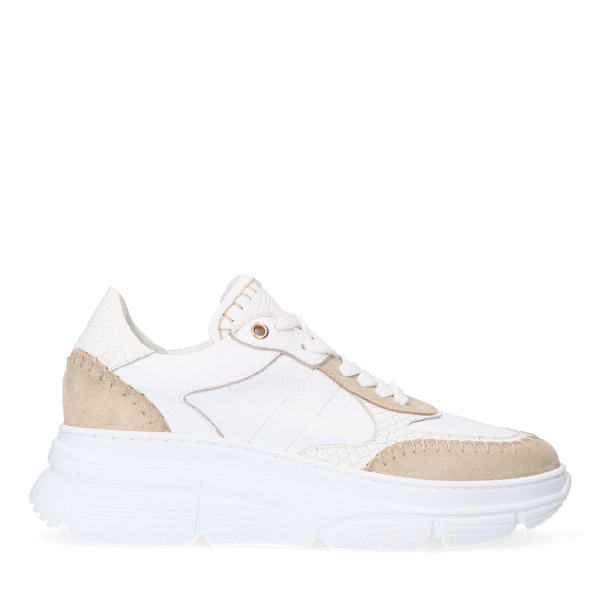Manfield Witte Leren Sneakers Met Suède Details Met Plateau Zool Met Veters - Maat 42